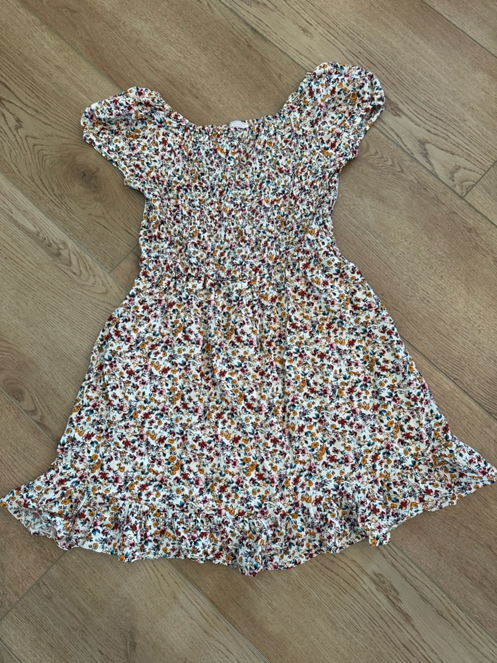 Girls Cream Floral Smocked Short Sleeve Dress